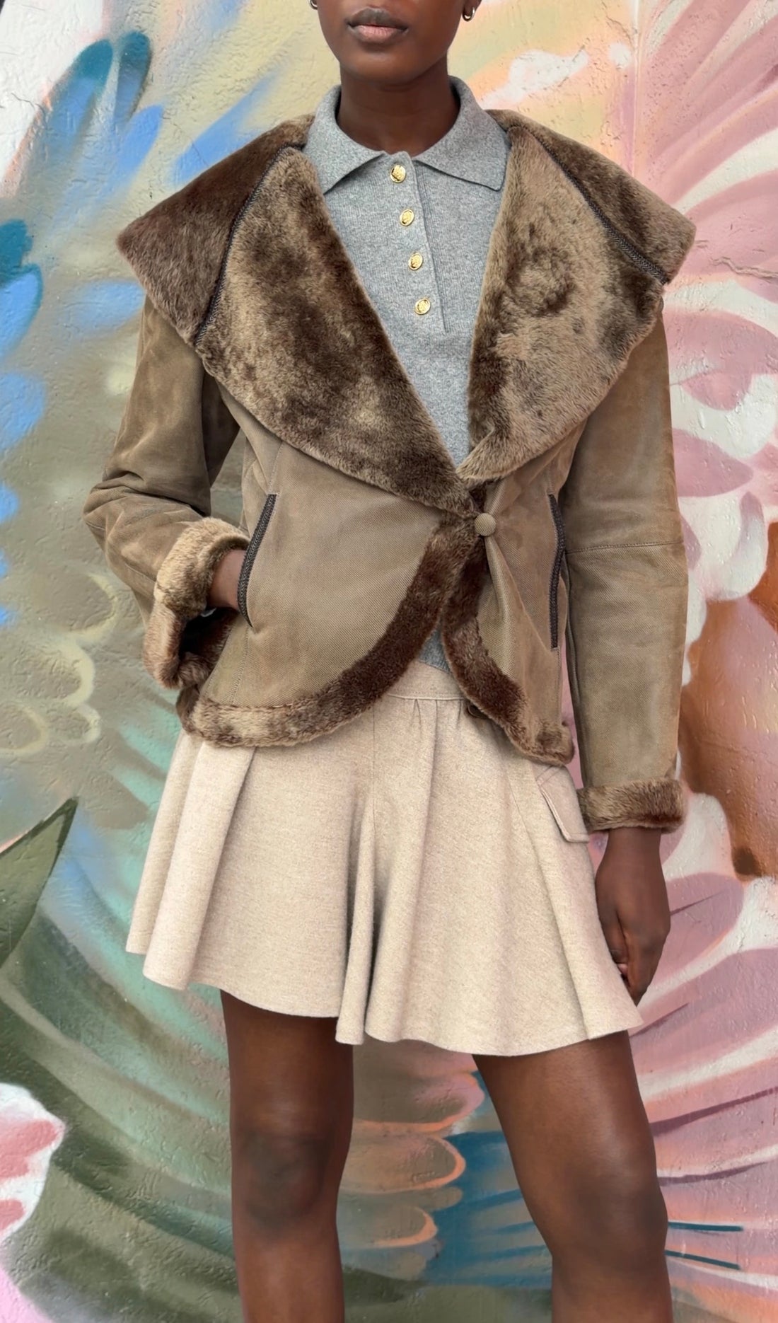 Giorgio Armani Taupe Brown Shearling Shawl Collar Short Jacket - 44