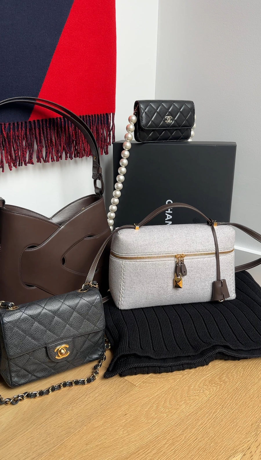 Loro Piana Extra L27 Grey Cashmere and Dark Brown Leather Zip Bag