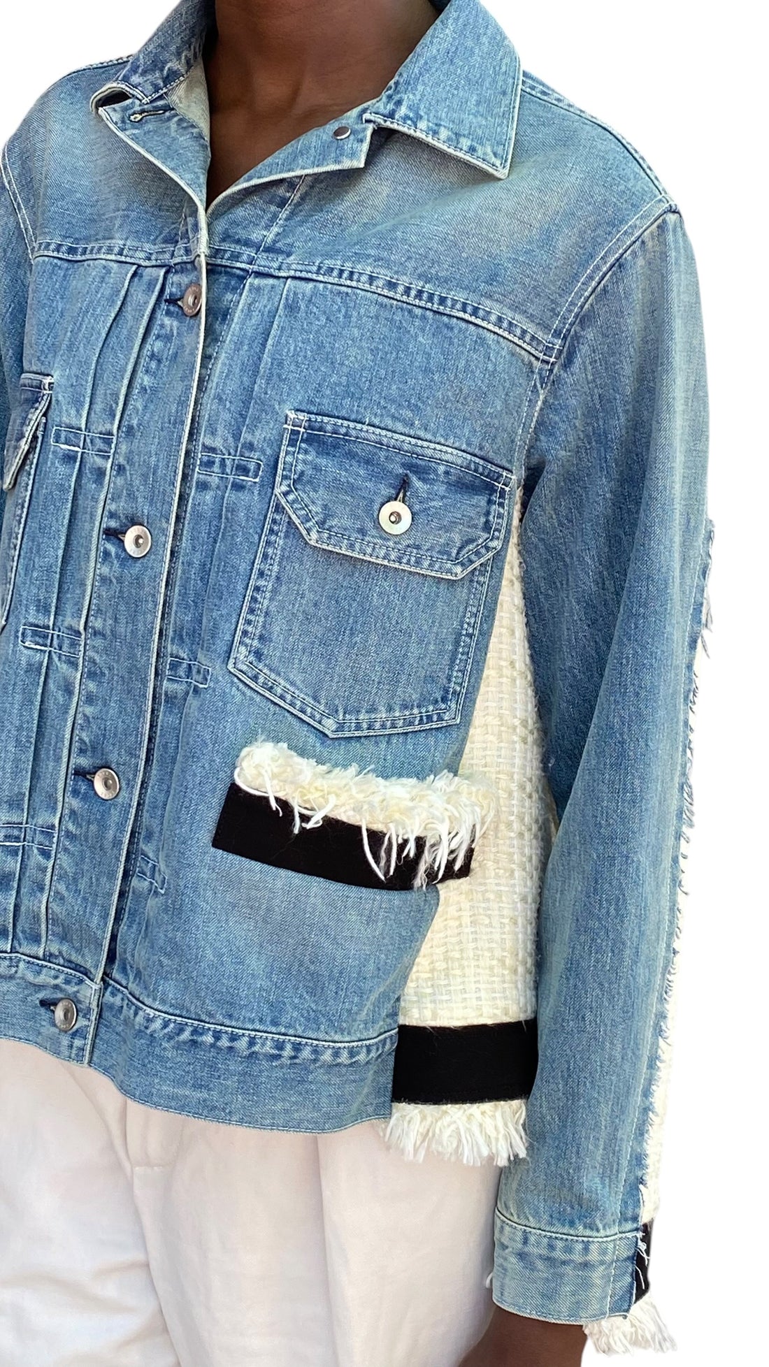 Sacai Blue & Ivory Denim Tweed Combo Jacket - JP 1 / S / US 4-6