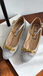 No. 21 Silver Glitter and Gold Chain T-Strap Mary Jane Flats - 39