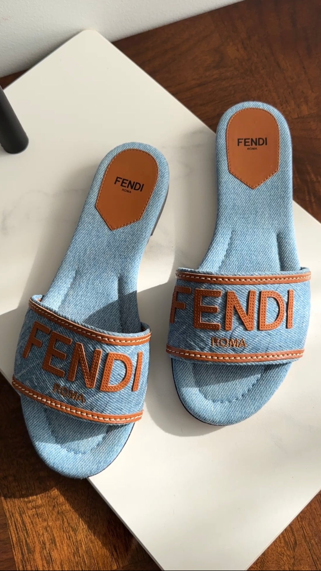 Fendi Blue Denim and Tan Leather Logo Flat Sandals - 37