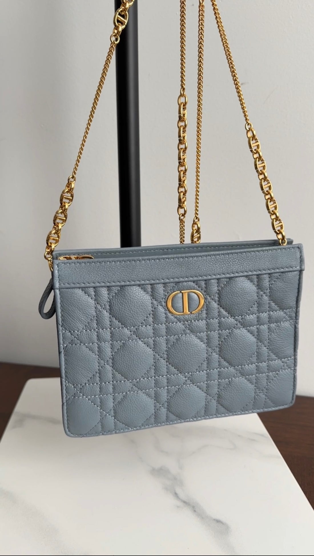 Christian Dior Cloud blue Quilted Leather Caro Every Dior Pouch on Chain