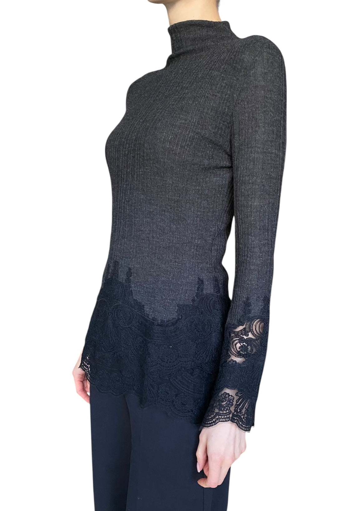 Ermanno Scervino Grey Wool Lace Trim Ribbed Turtleneck - IT 44 / US 8