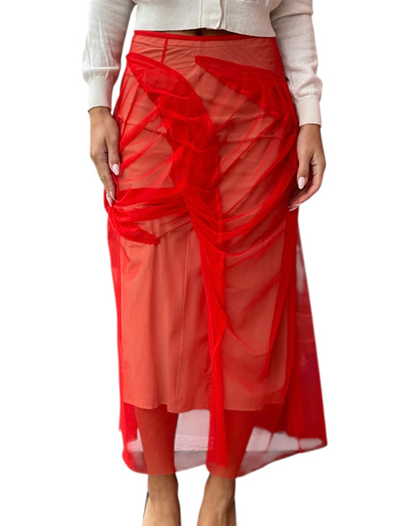 Maison Margiela Red Tulle Overlay Midi Skirt - 40 / US 4