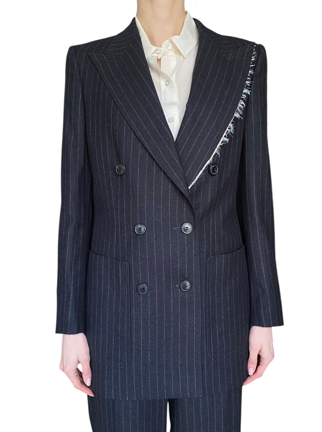 Dries Van Noten Pinstripe Double-Breasted Fringe Detail Blazer - 36 / US 6