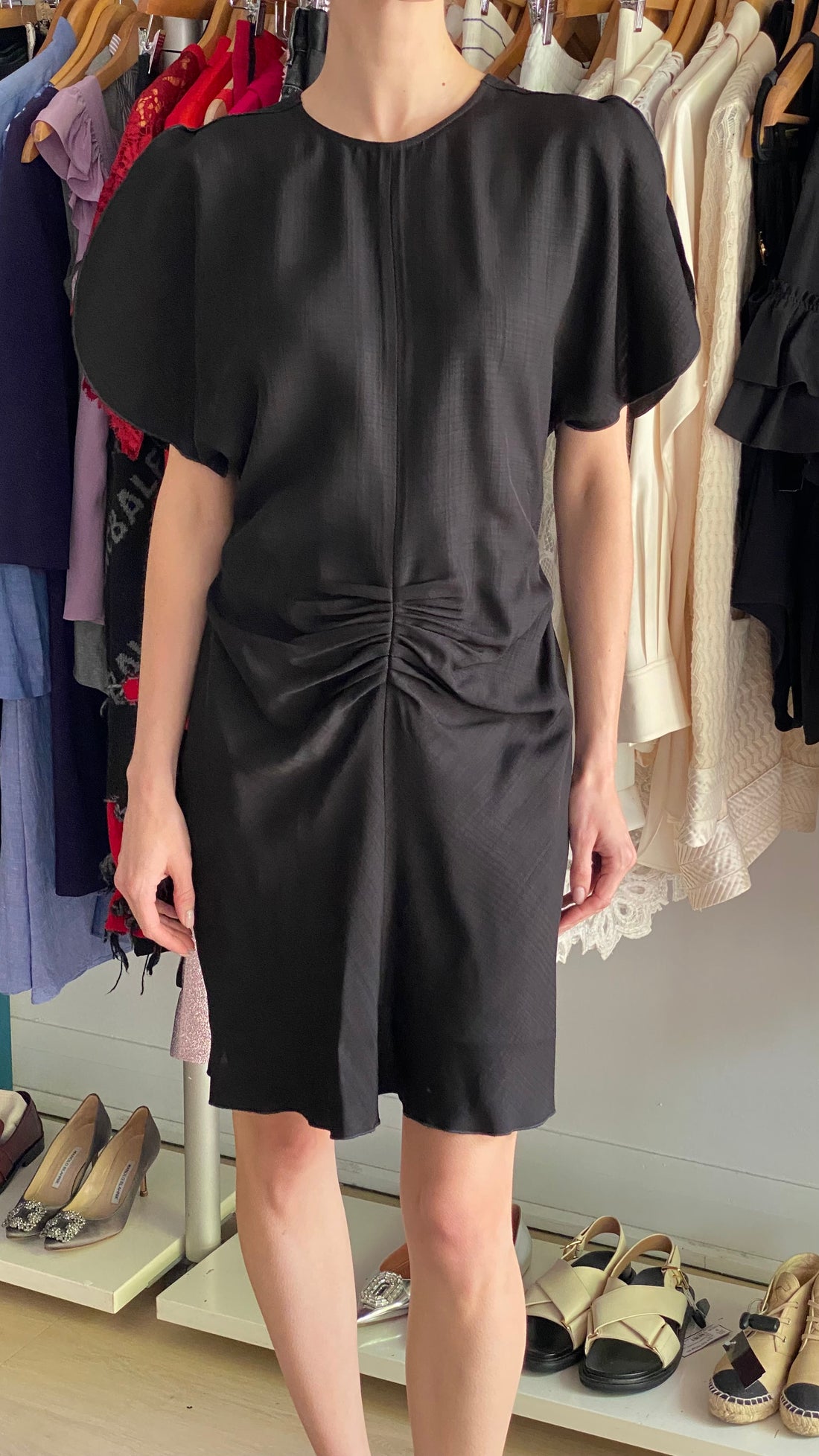 Victoria Beckham Black Gathered Flutter Sleeve Cocktail Dress - UK 12 / M / US 6-8