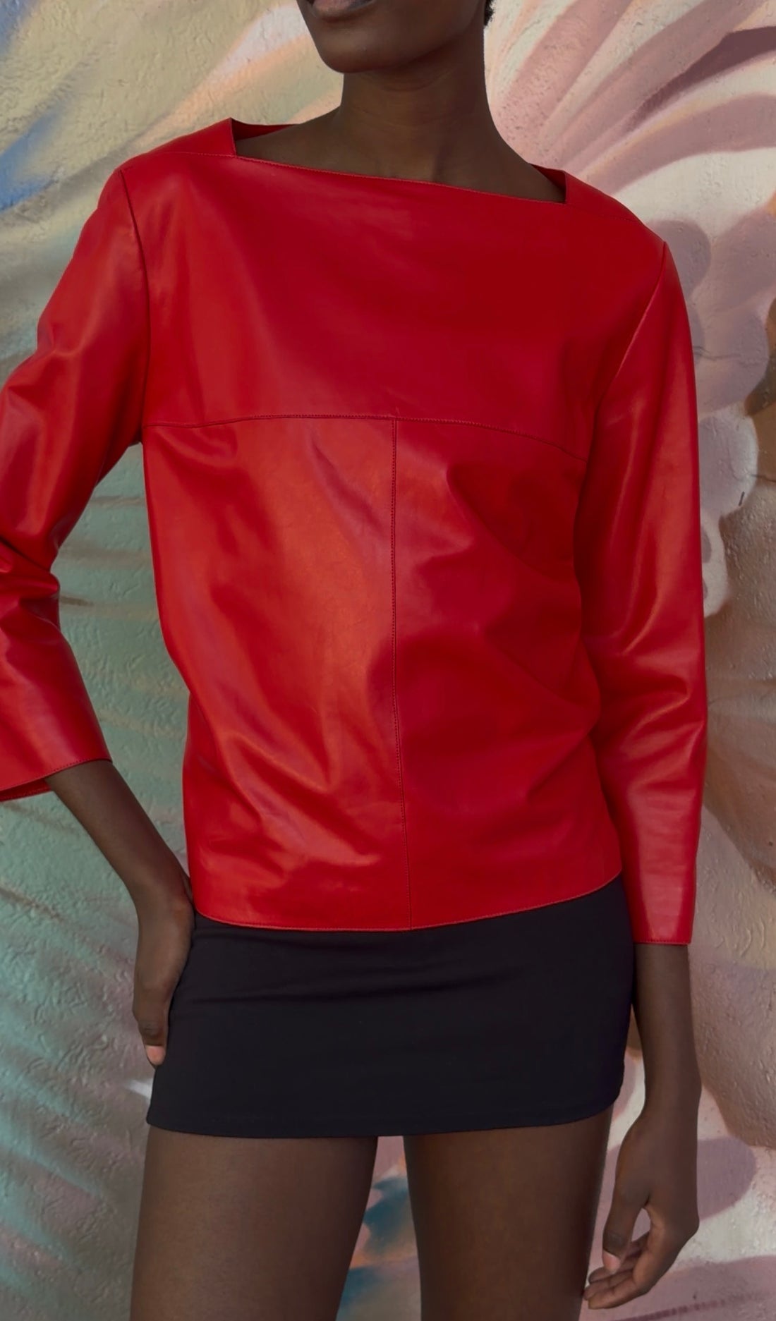 Hermes Red Square Neck Lambskin Leather Top - FR 40 / 8 / M