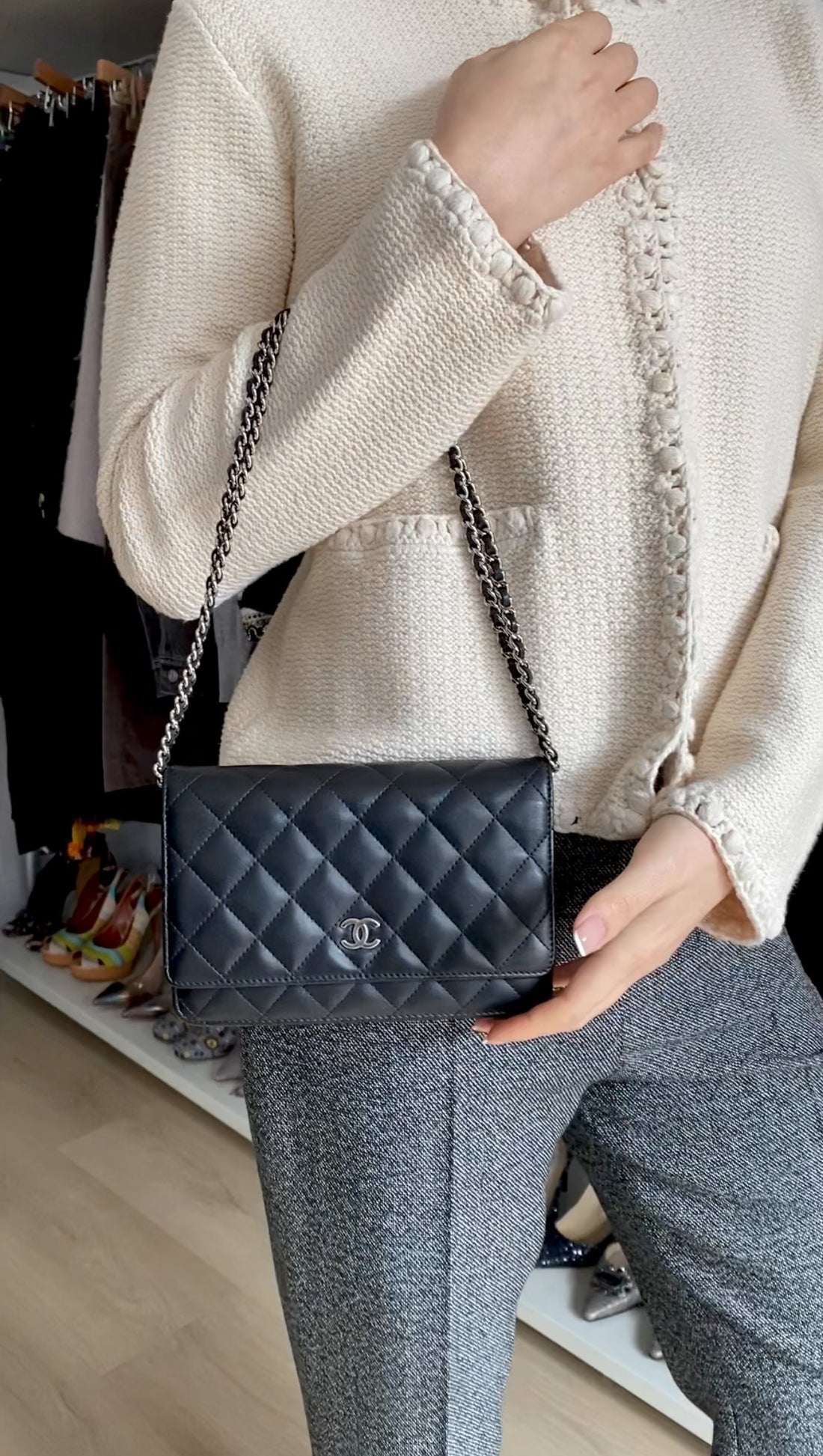 Chanel Black Calfskin Leather Quilted Timeless Wallet on Chain