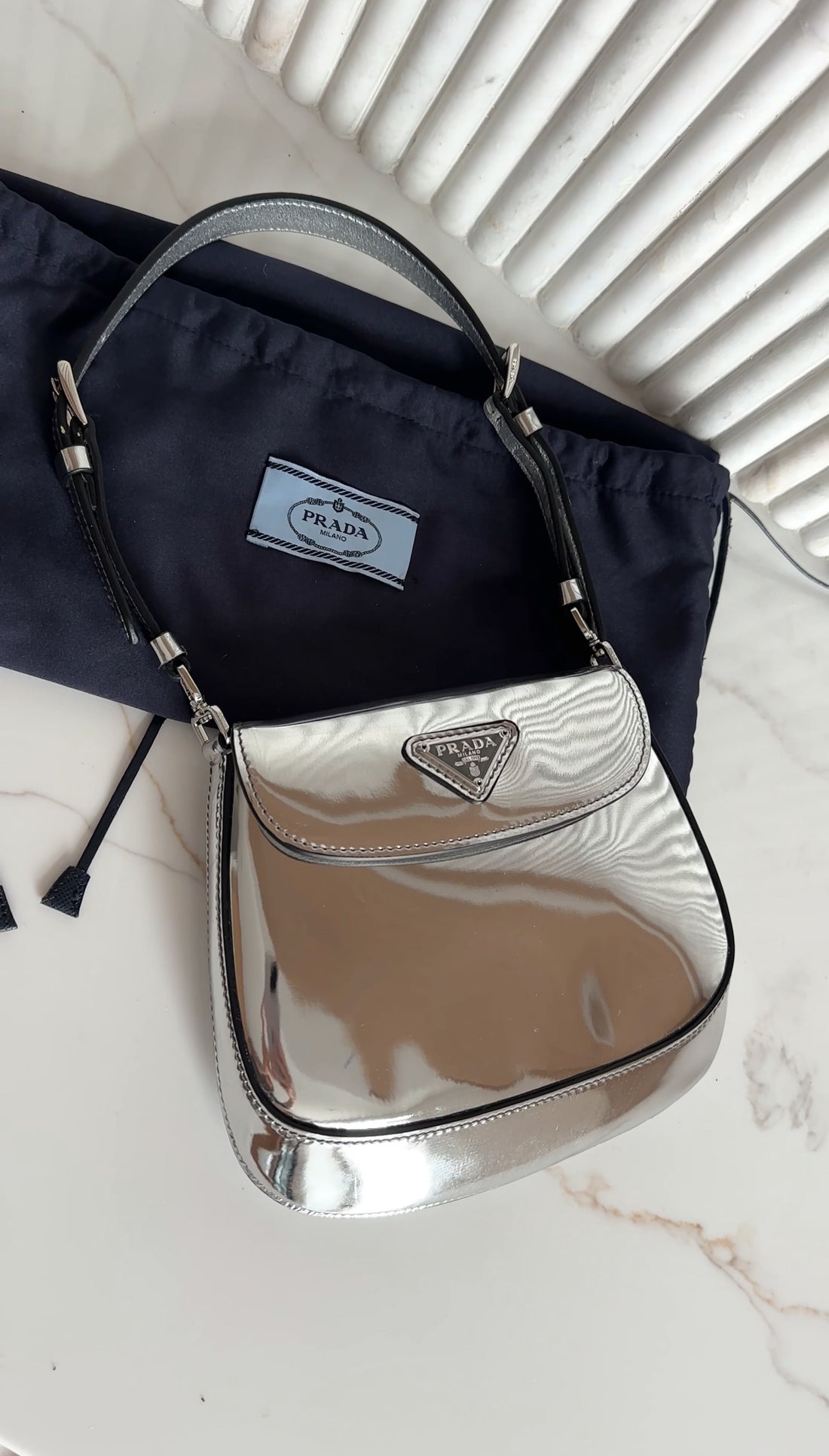 Prada Silver Metallic Patent Leather Mini Cleo Two-Way Shoulder Bag