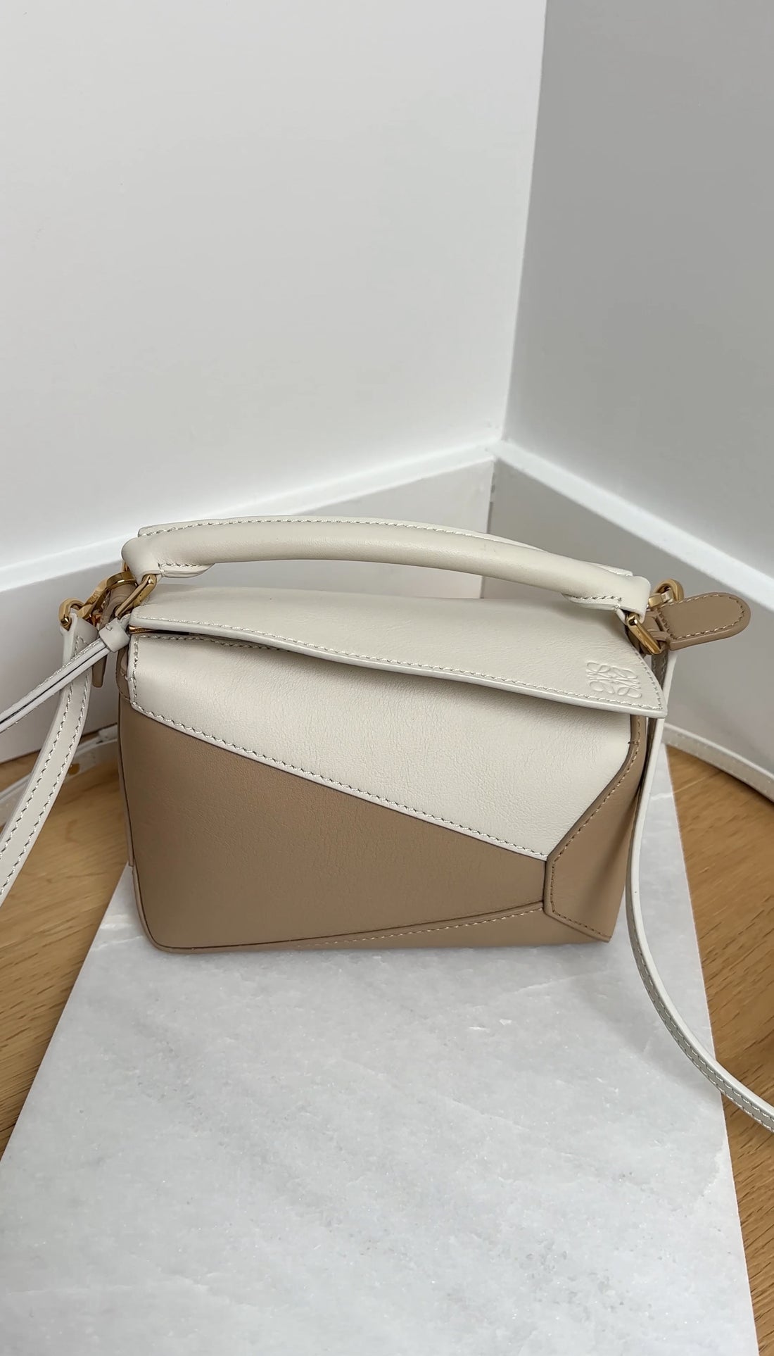 Loewe Beige and White Leather Mini Puzzle Edge Bag