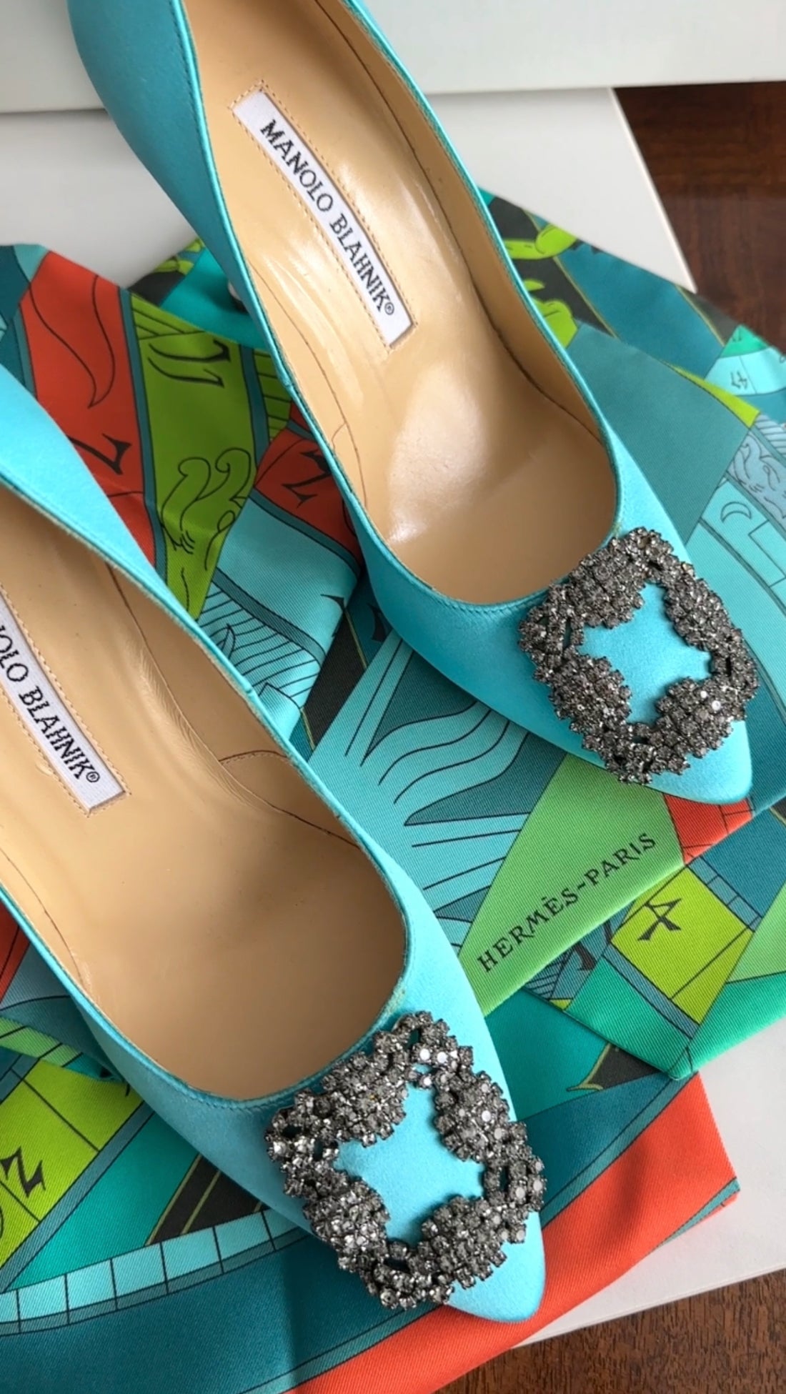 Manolo Blahnik Turquoise Silk Hangisi 105 Pumps - 36