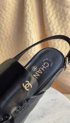 Chanel Black 26P Glossed Leather Slingback Loafers - 38.5