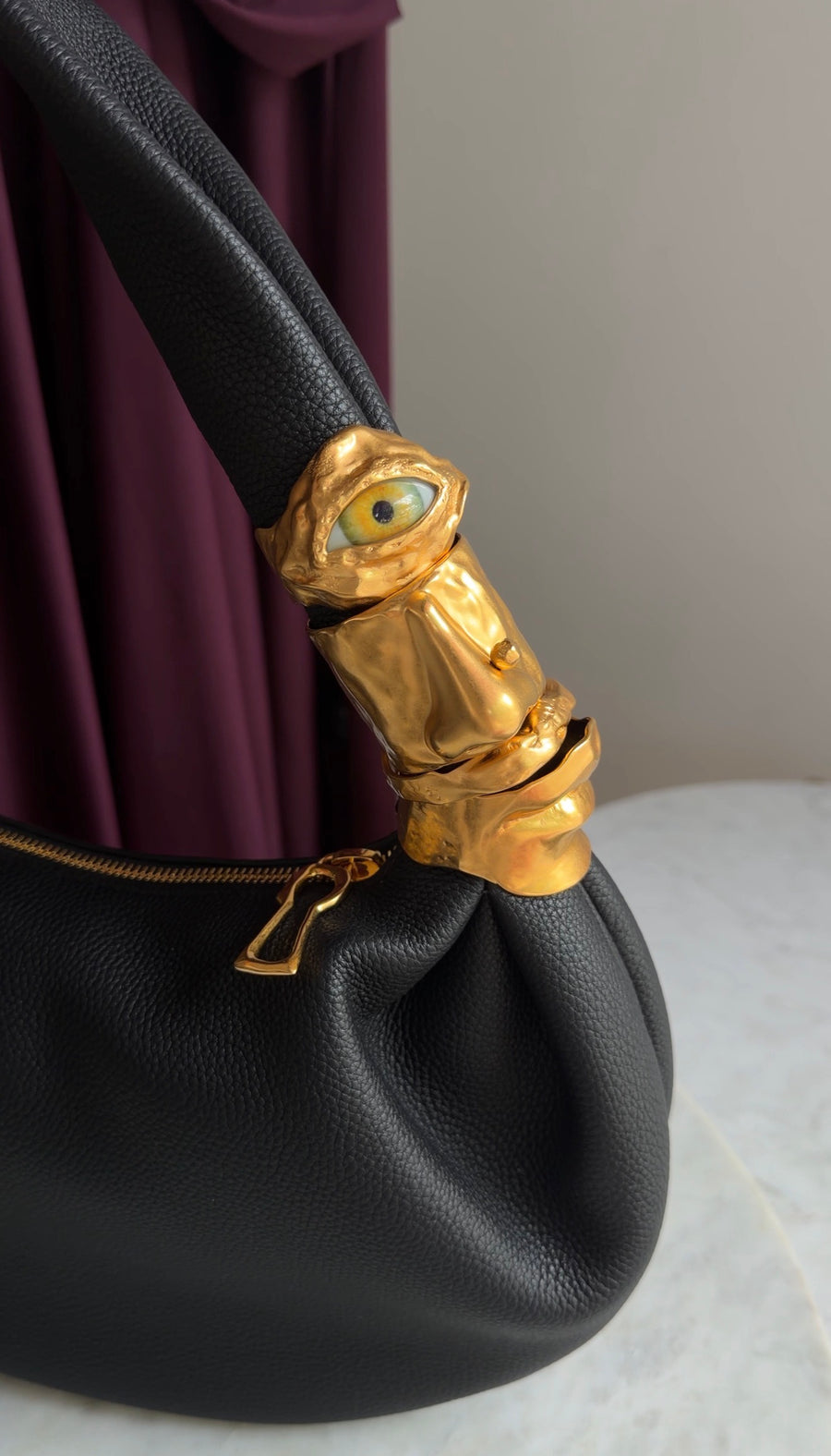 Schiaparelli Black Grained Leather Gold Accent Souffle Baguette Bag
