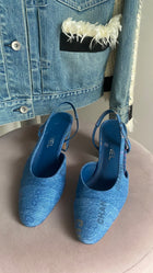 Chanel Blue 22P Denim Logo Block Heel Cap Toe Slingback Heels - 37.5 / 7