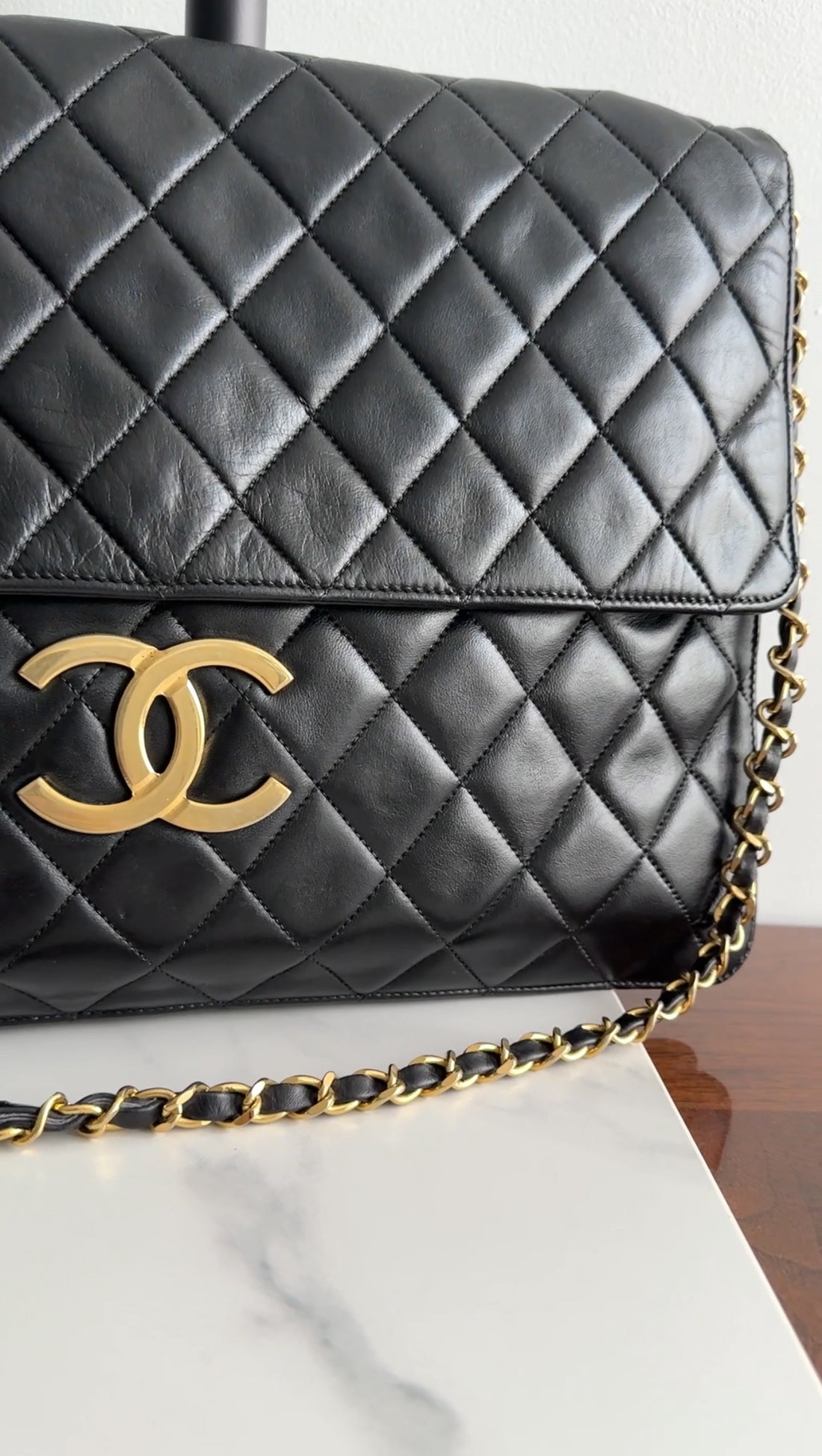 Chanel Vintage 1989 XXL CC Logo Quilted Chain Flap Clutch Bag