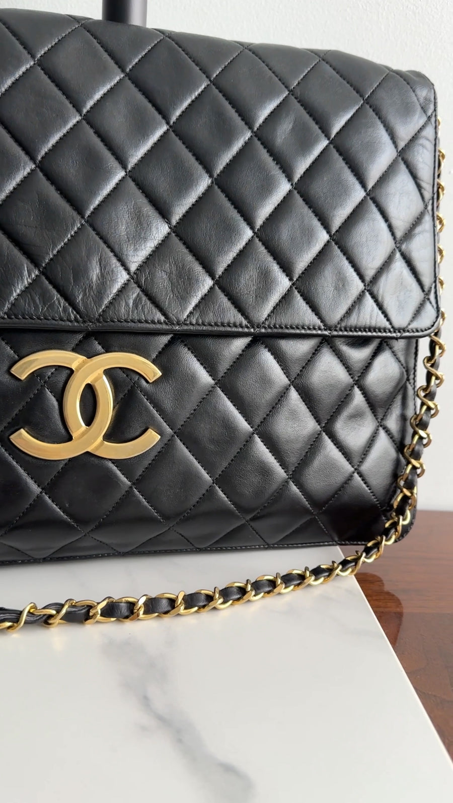 Chanel Vintage 1989 XXL CC Logo Quilted Chain Flap Clutch Bag