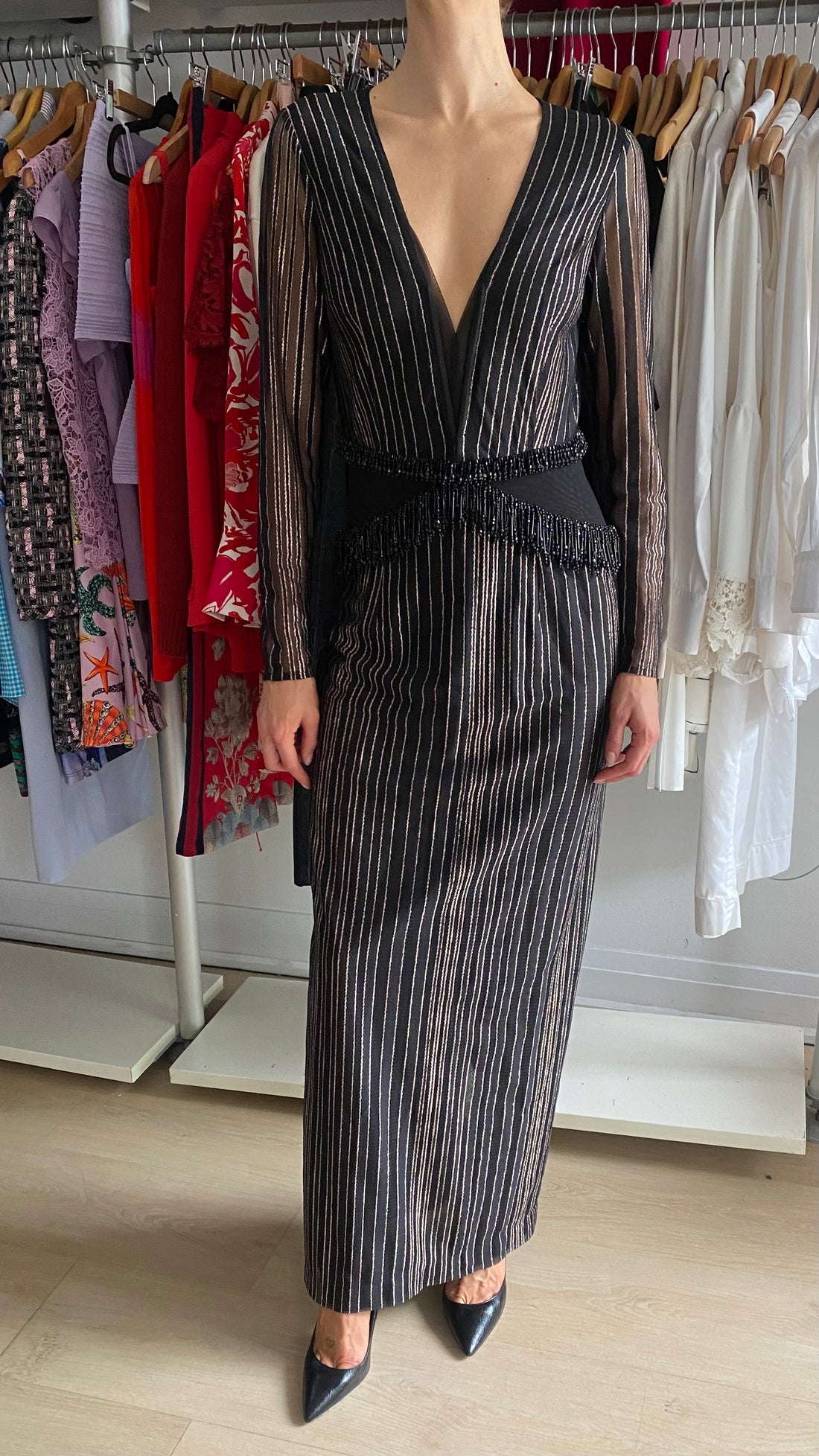 PatBo Black “Prism” Beaded Metallic Striped Lurex Gown - 40 / US 8