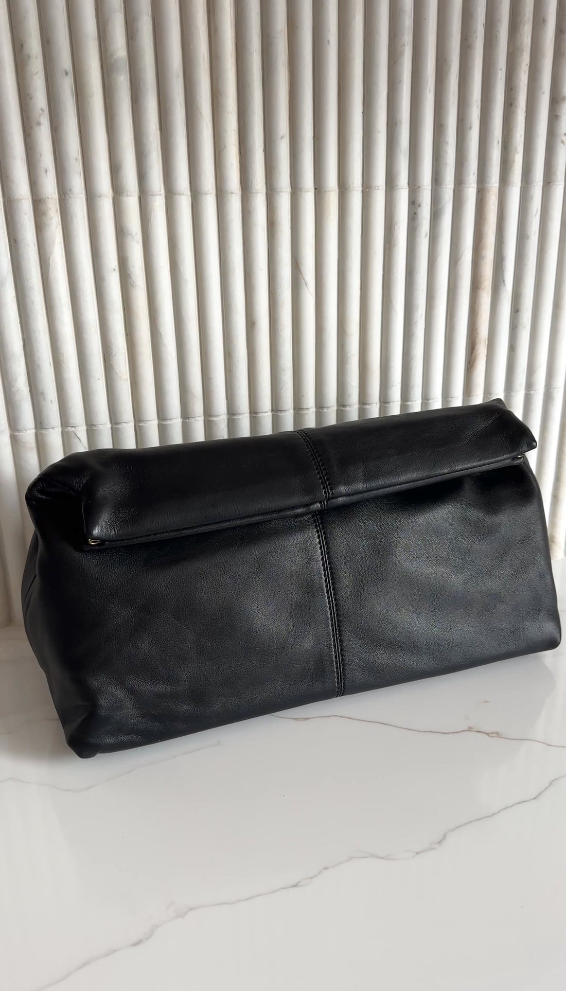 Flattered Black Leather Soft Clay Fold Over Clutch Bag