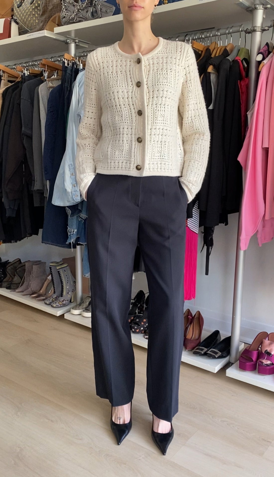 Nili Lotan Ivory “Harry” Cashmere Open Knit Cardigan - S