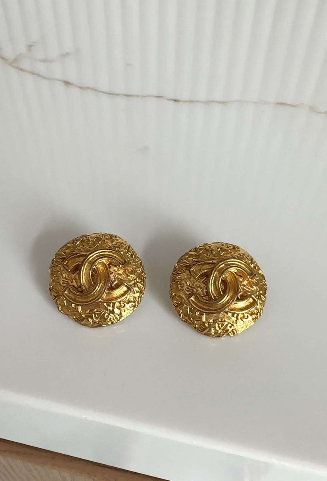 Chanel Vintage 95A Gilt Goldtone Textured CC Button Clip on Earrings