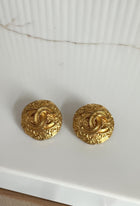 Chanel Vintage 95A Gilt Goldtone Textured CC Button Clip on Earrings