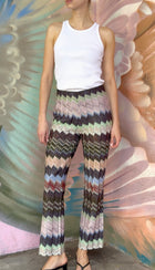 Missoni Purple Green Black Multi Lame Jacquard Zig Zag Knit Wide Leg Trousers - 42
