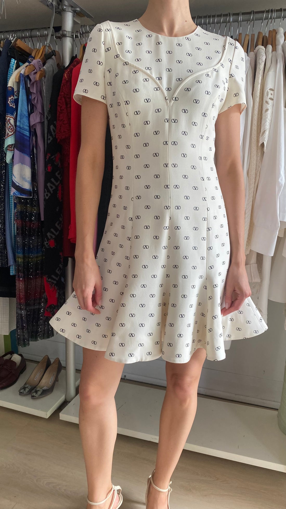 Valentino Ivory Wool & Silk "Logo Godet" Monogram Flared Mini Dress - IT 40 / US 4