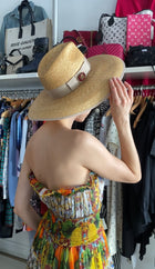 Gucci Wide Brim Straw Fuchsia Crystal Embellished Sun Hat