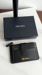 Prada Black Saffiano Leather Zip Top Compact Wallet / Card Holder