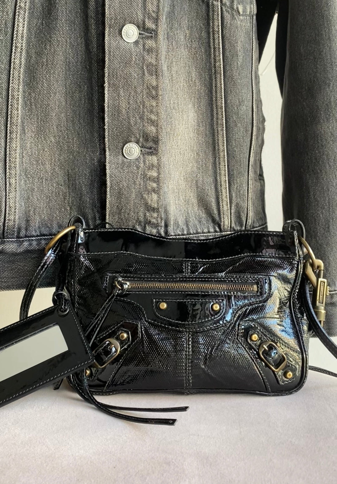 Balenciaga Black Textured Patent Le City Moto Classic Shoulder Pouch on Strap
