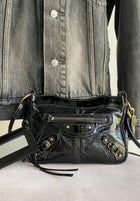 Balenciaga Black Textured Patent Le City Moto Classic Shoulder Pouch on Strap