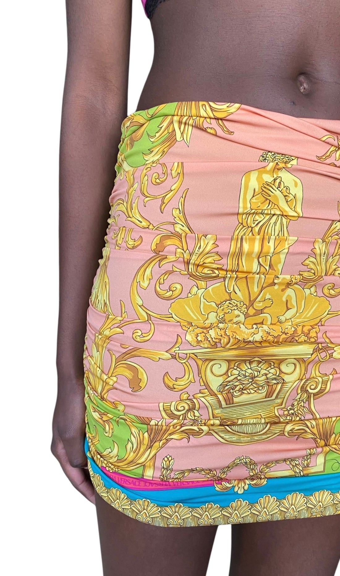 Versace Pink & Green “Borocco Goddess” 2-Piece Silk Bralette / Skirt Set - 40 / US 4