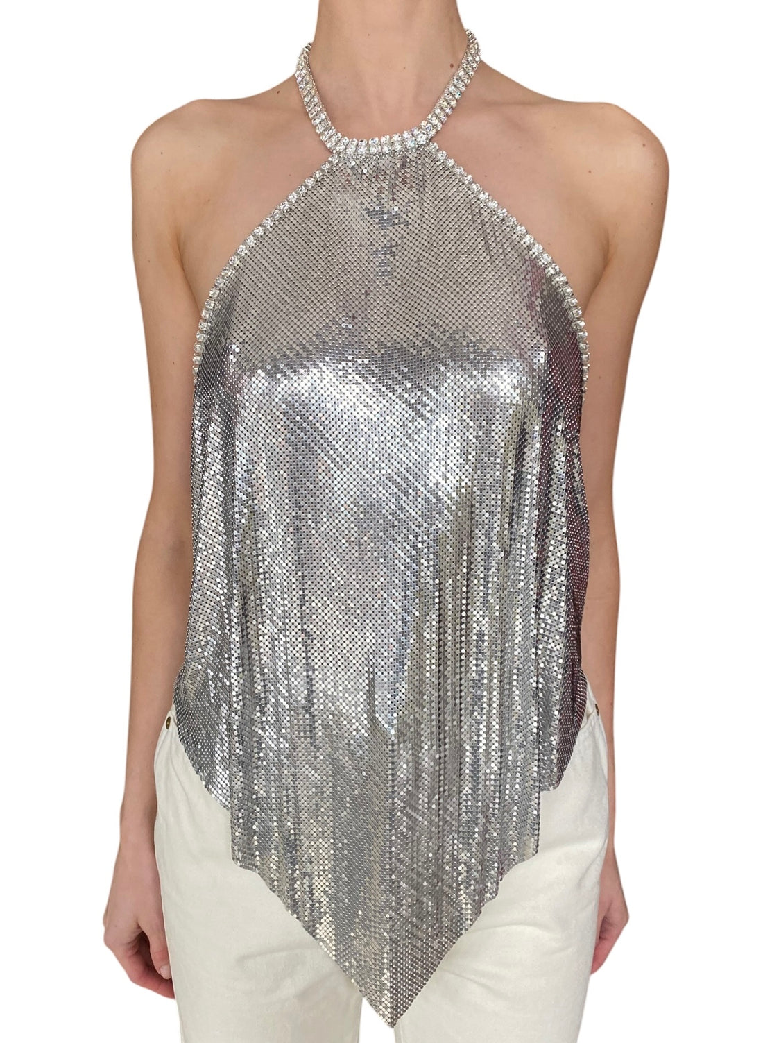 Paco Rabanne Silver Crystal Embellished Halter Chainmail Mesh Top - F40 / US 6-8