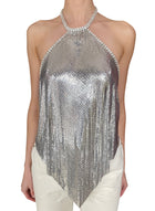 Paco Rabanne Silver Crystal Embellished Halter Chainmail Mesh Top - F40 / US 6-8