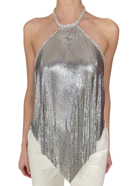 Paco Rabanne Silver Crystal Embellished Halter Chainmail Mesh Top - F40 / US 6-8