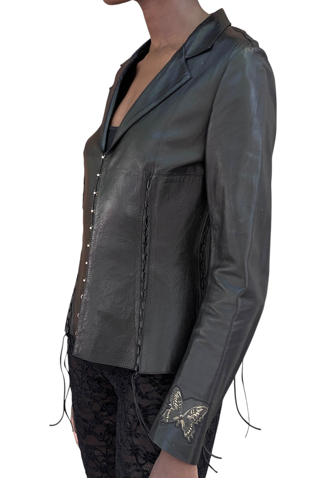 Roberto Cavalli 2003 Black Leather Corset Jacket - L / US 6-8