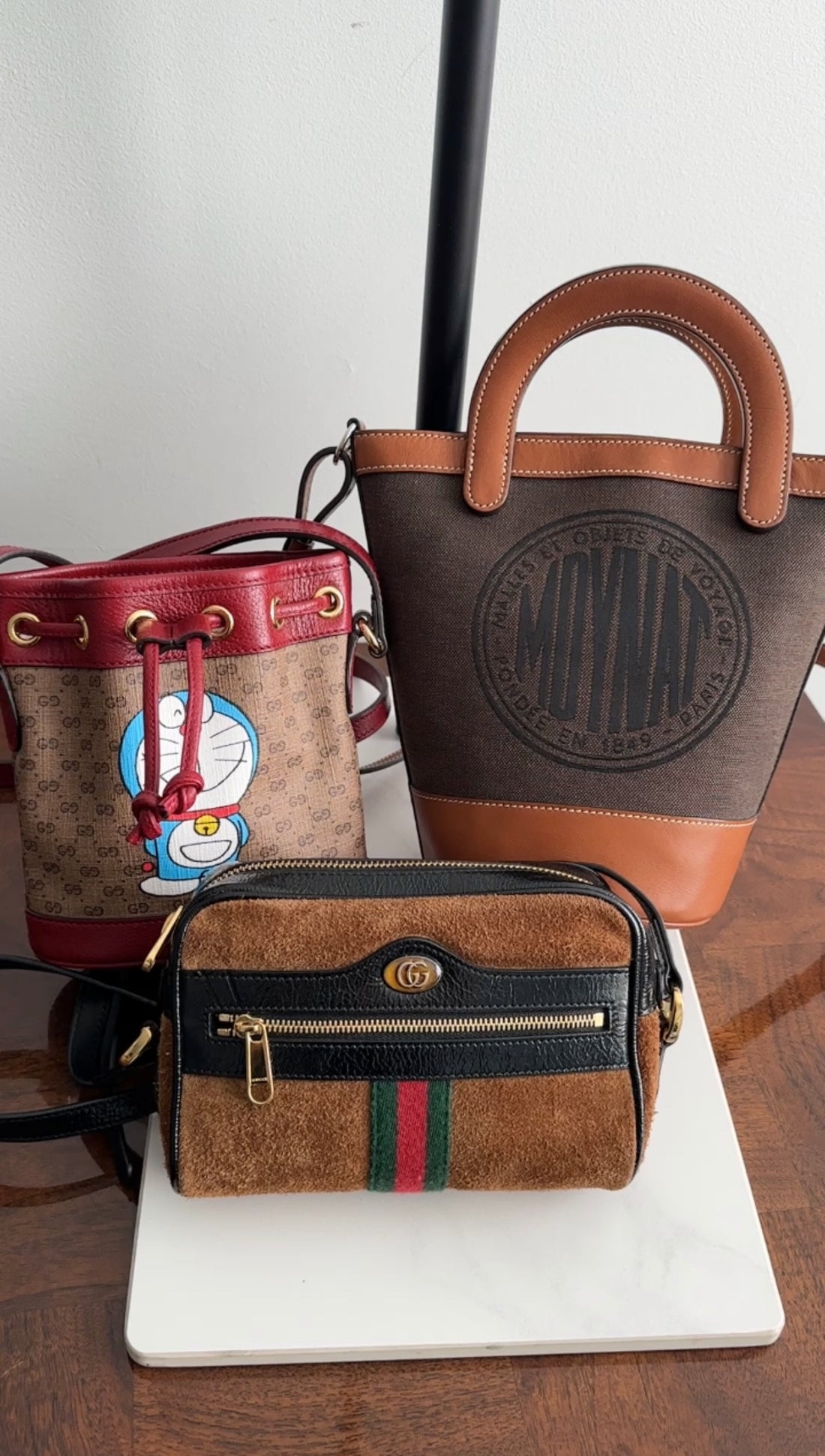 Gucci x Doremon Burgundy Monogram Candy Mini Bucket Bag