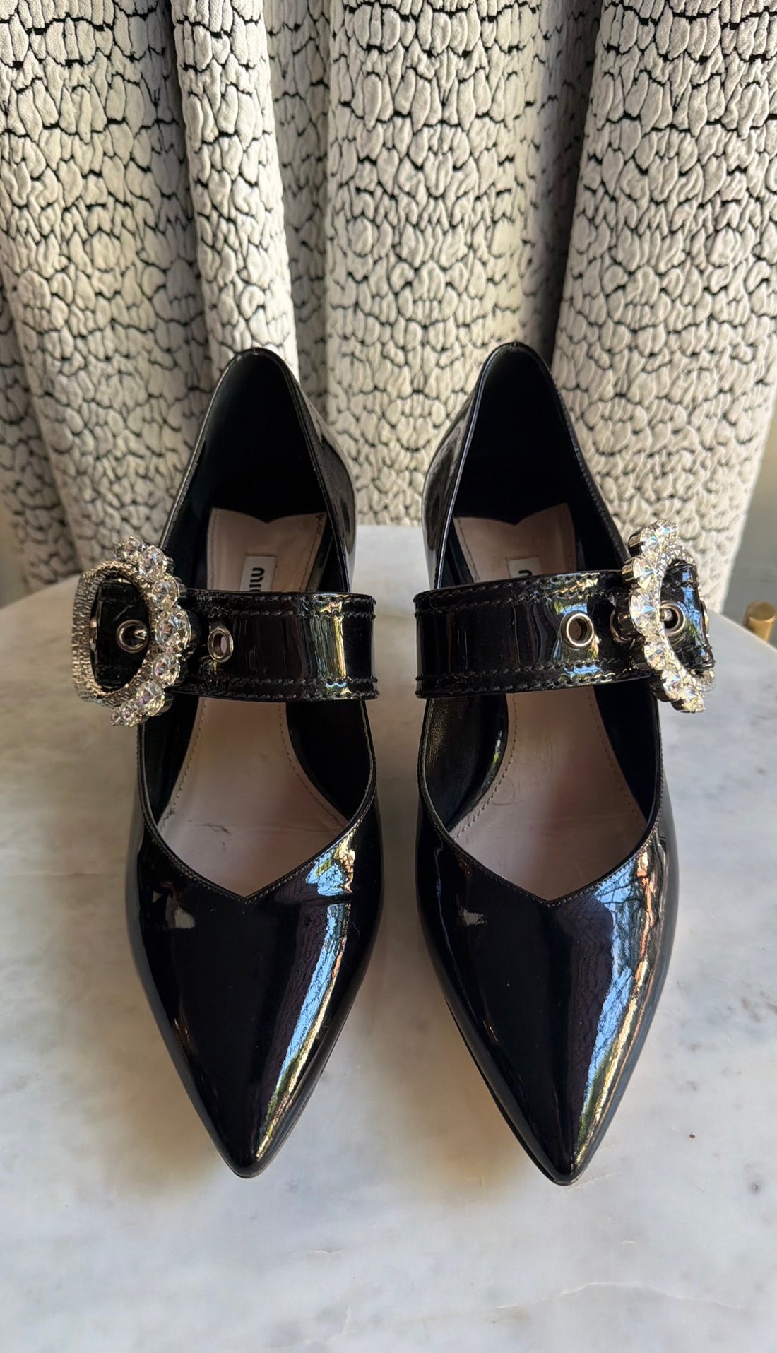 Miu Miu Black Patent Leather Crystal Buckle Mary Jane Pumps - 38.5