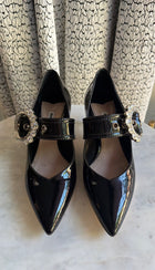 Miu Miu Black Patent Leather Crystal Buckle Mary Jane Pumps - 38.5