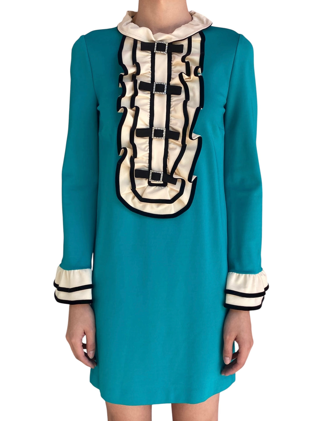 Gucci Turquoise 60's Style Ruffled-Bib Cat Embroidered Dress - L  I MISS  YOU VINTAGE