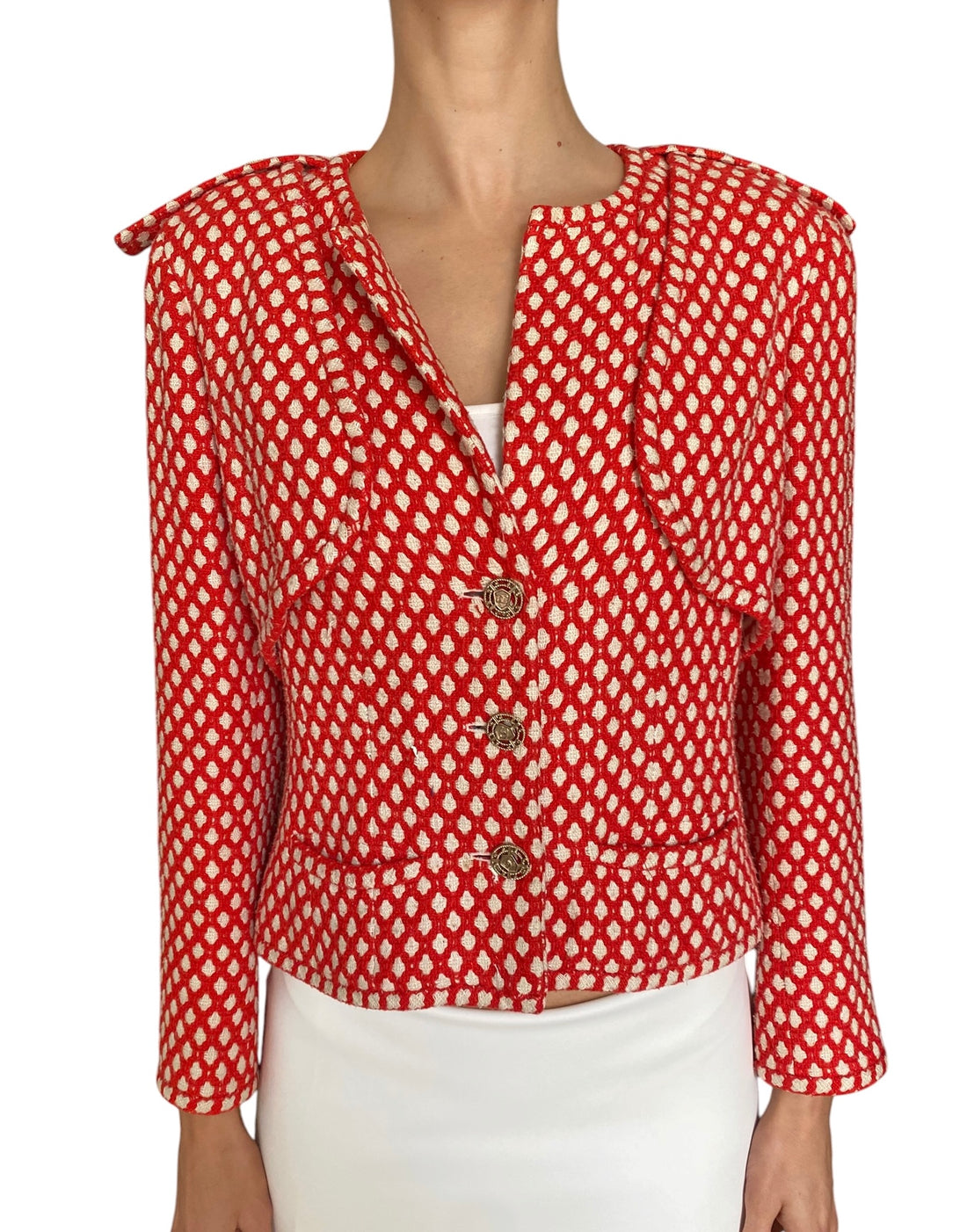 Chanel Spring 2008 Red & White Dotted Epaulet Tweed Jacket - 42 / US 4