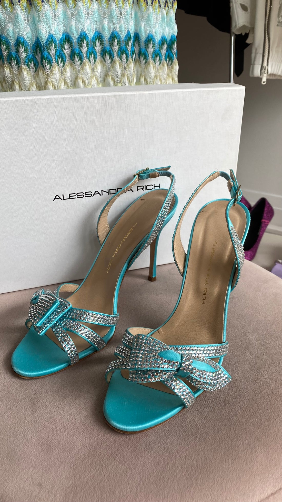Alessandra Rich Aqua Blue Satin and Rhinestone Slingback Sandals - 38.5