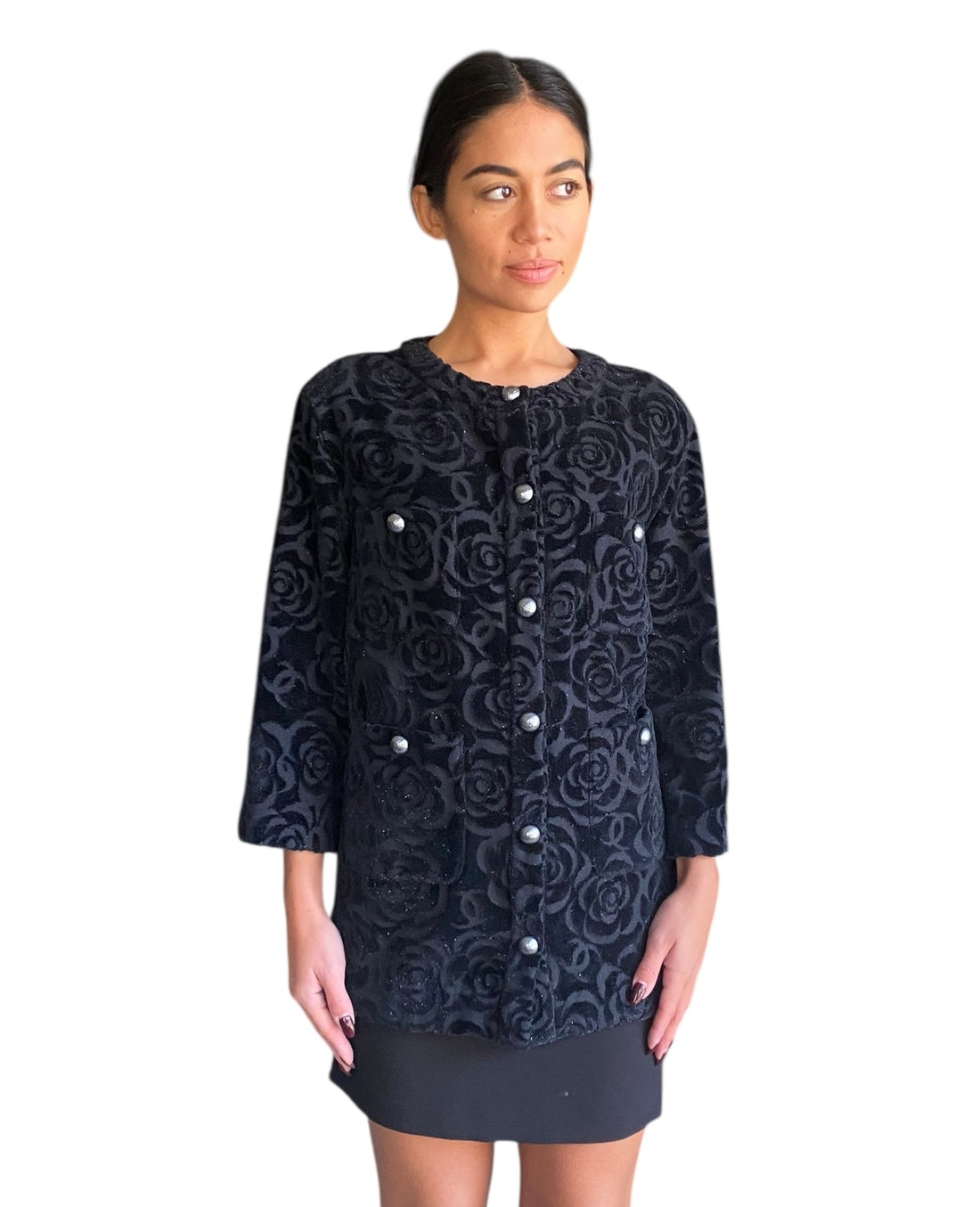 Chanel Black 2018 Shimmer Cotton Velour Camellia Jacket - 38 / US 4-6