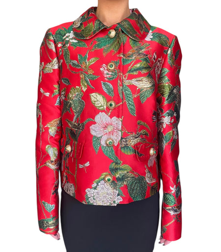 Dolce &amp; Gabbana Red Jacquard Floral Embroidered Jacket - 48 / US 12