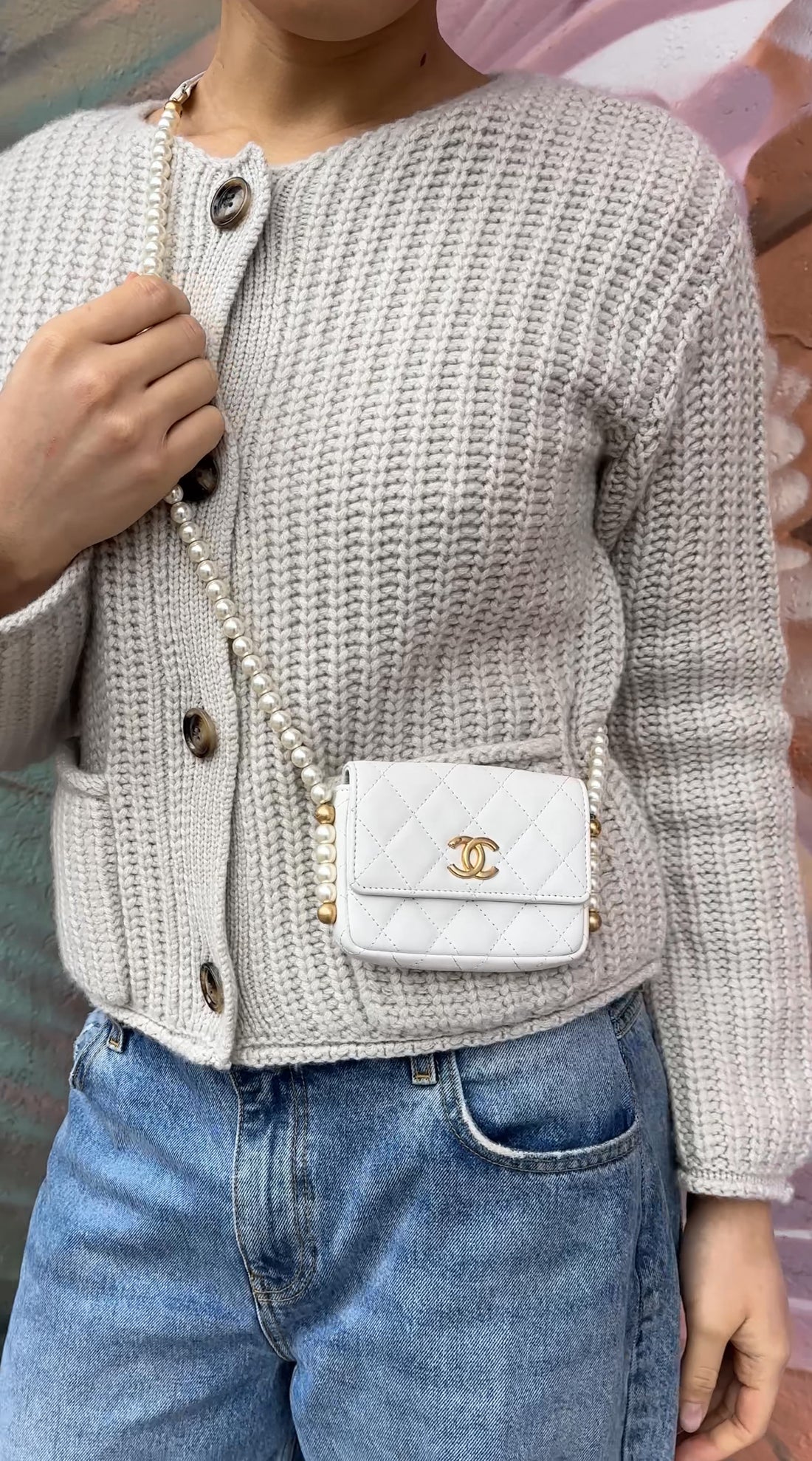 Chanel Ivory White About Pearls Mini Card Holder on Strap