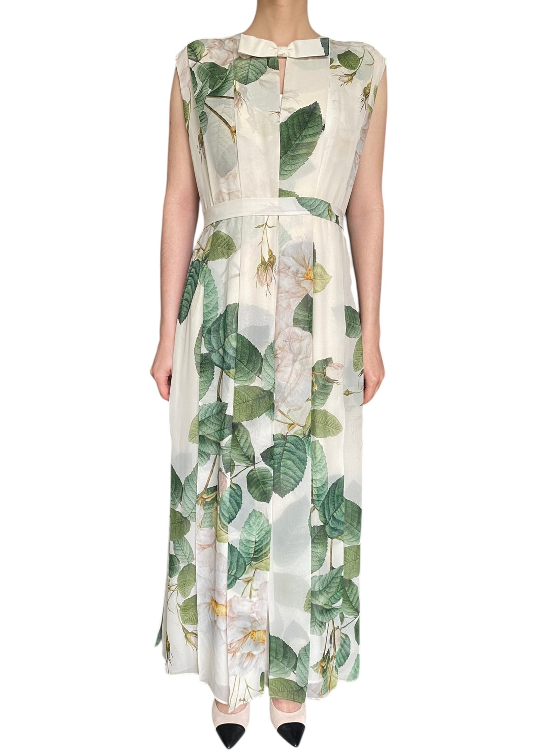 Giambattista Valli Ivory Green Silk Chiffon Roses Print Gown - IT44 / USA 8