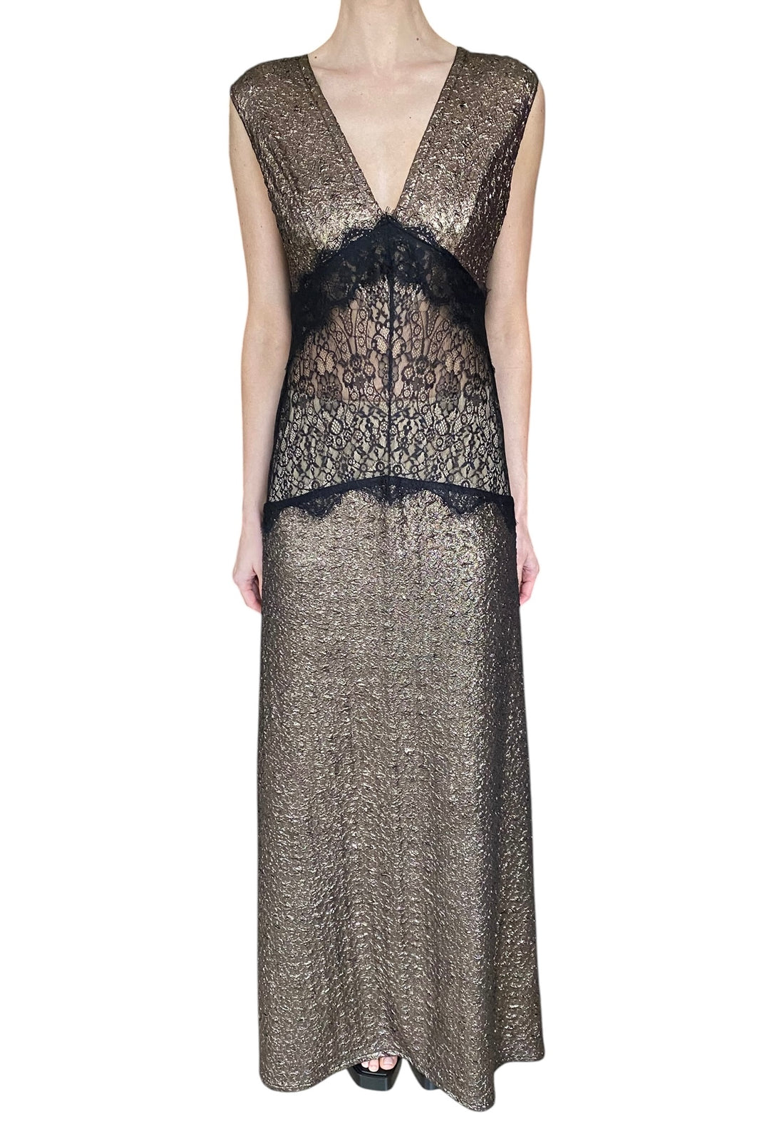 Miau by Clara Rotescu Copper Metallic & Black Lace Sleeveless Gown - 42 / US 4-6