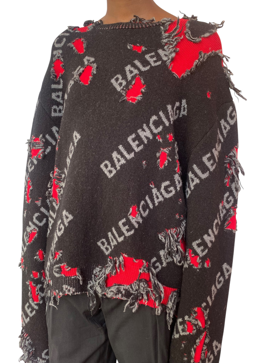Balenciaga 2021 Black Distressed Logo Pullover Sweater - XL