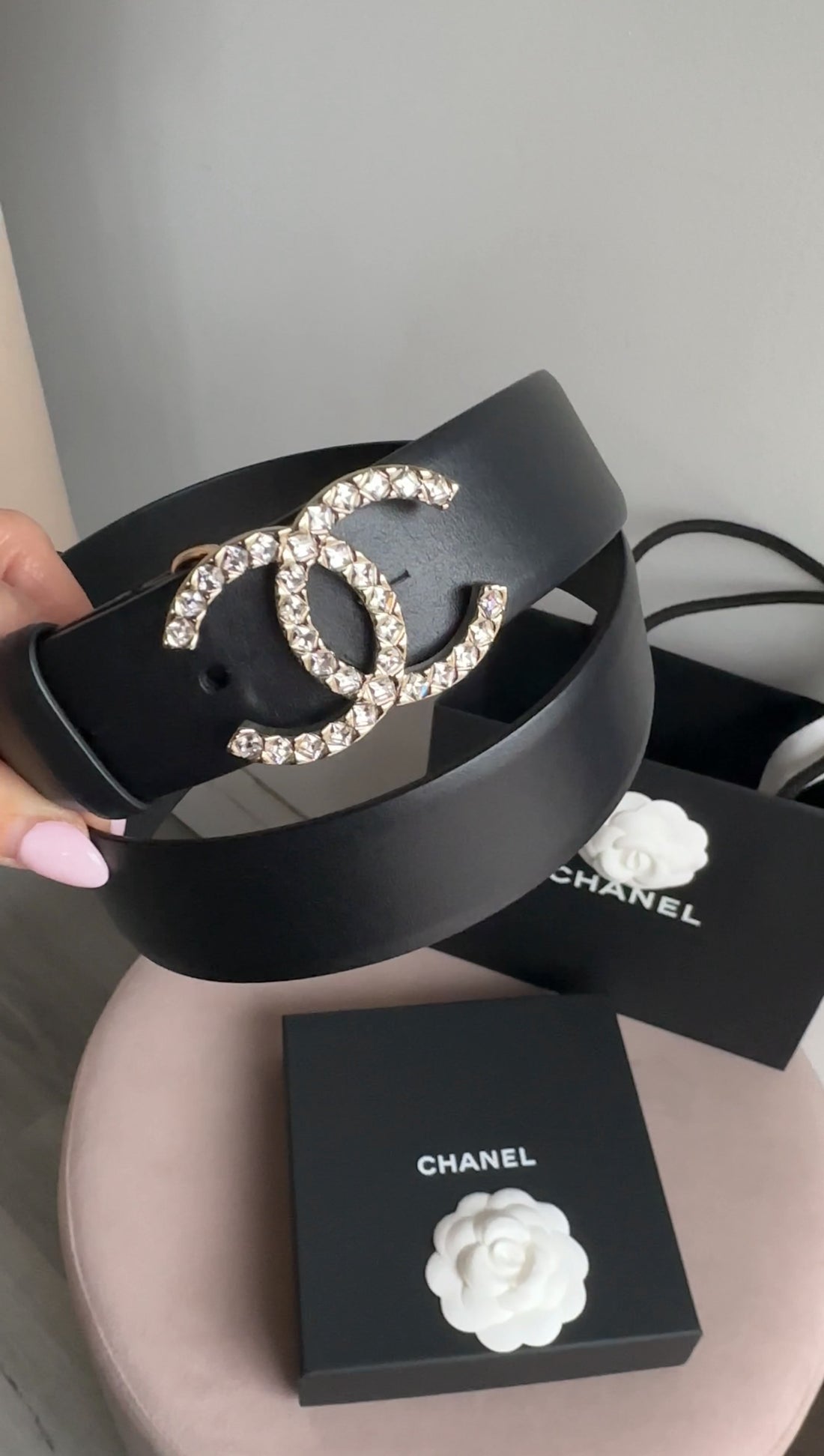 Chanel 20A Black Leather Light Goldtone Crystal CC Belt - 29-31"