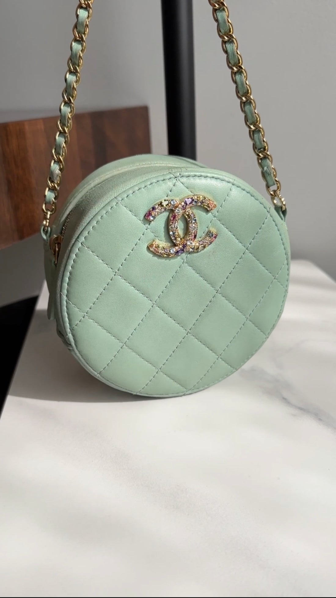 Chanel Mint Green Quilted Leather CC Strass Mini Round Clutch Bag